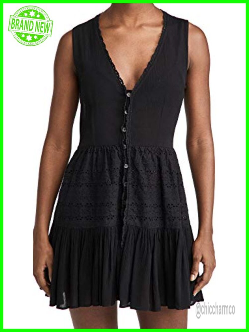 Eyelet Mini Dress Sleeveless V-Neck Lightweight Gauze Crochet Trim Beach